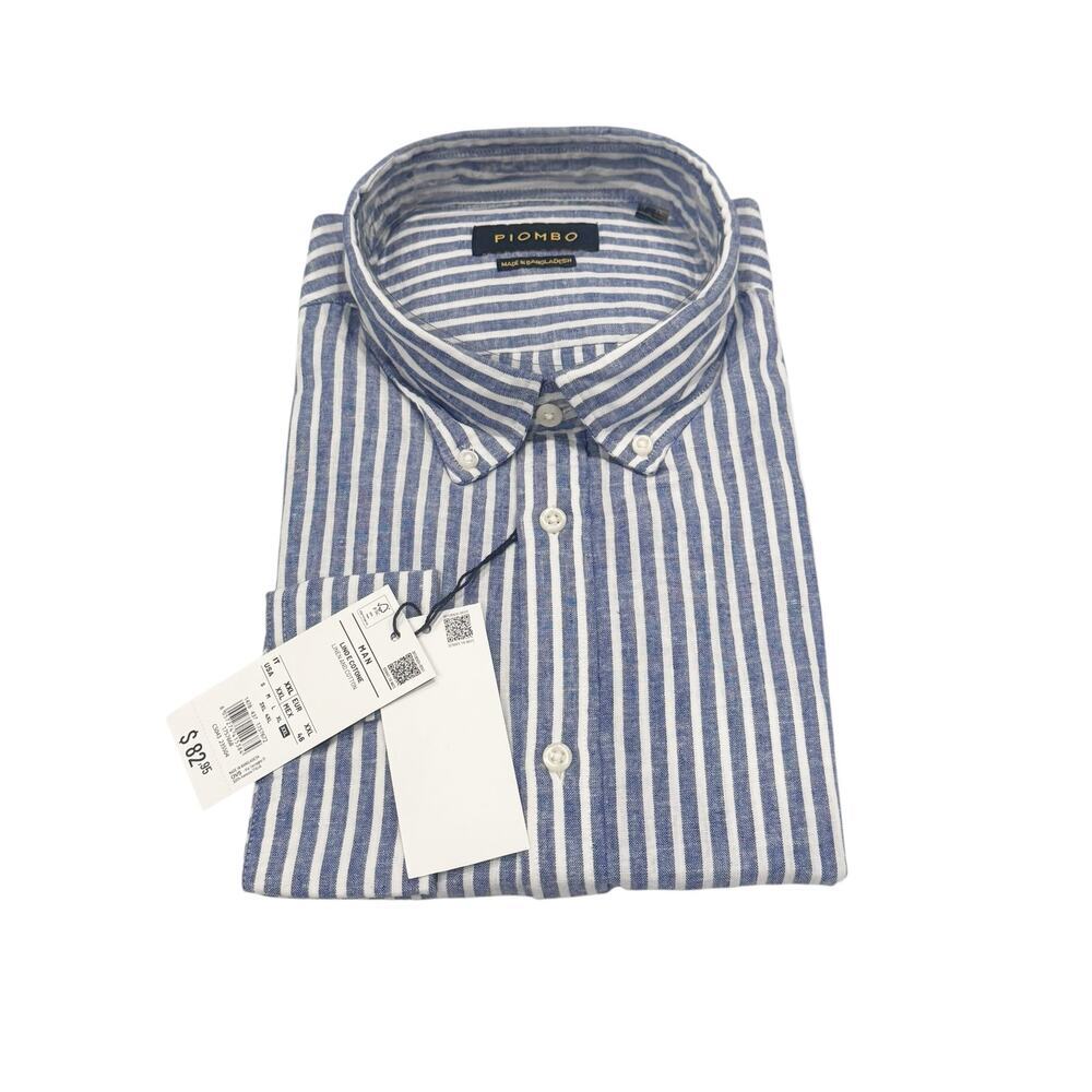 Piombo Cotton Linen Striped Button Down Shirt Long Sleeve Blue White XXL NWT